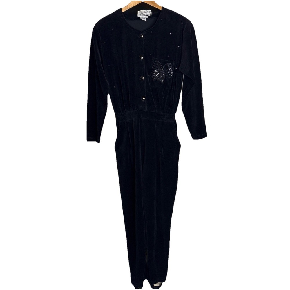 Vintage Velour Jumpsuit Sequin Bow Womens Small Stirrup Pants Party